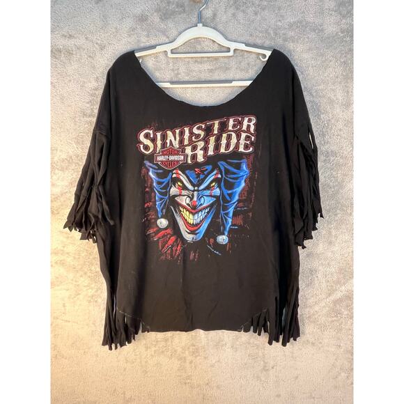 Harley Davidson Upcycled T-Shirt 4X Sinister Ride Off The Shoulder Fringe Rave - Picture 1 of 5